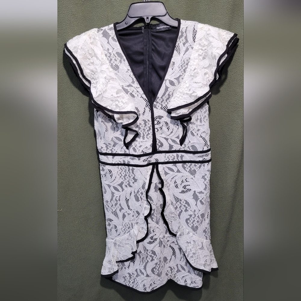 PrettyLittleThing Elegant Black and White Lace Ruffle Mini Dress Size 8